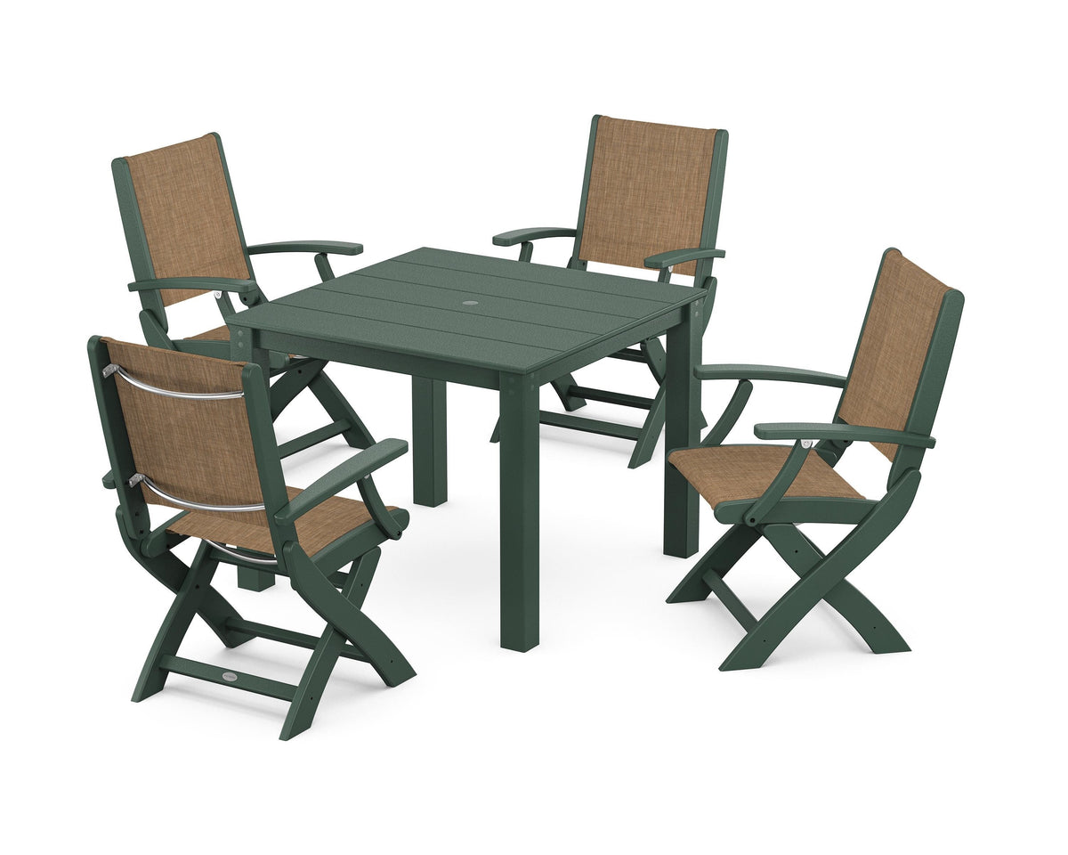 POLYWOOD Coastal Folding Chair 5-Piece Parsons Dining Set in Green / Burlap