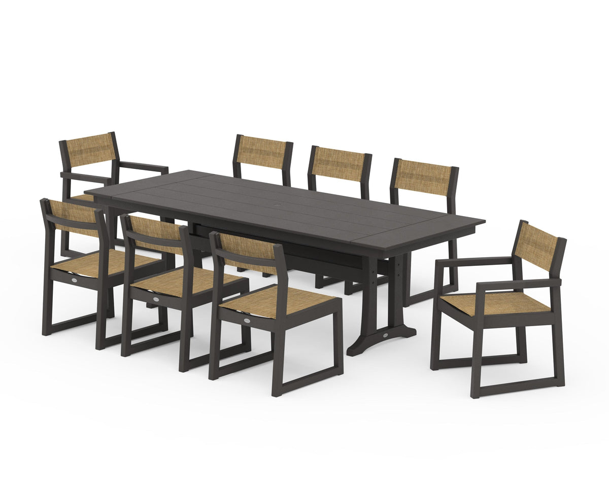 POLYWOOD EDGE Sling 9-Piece Farmhouse Trestle Dining Set in Vintage Coffee / Burlap