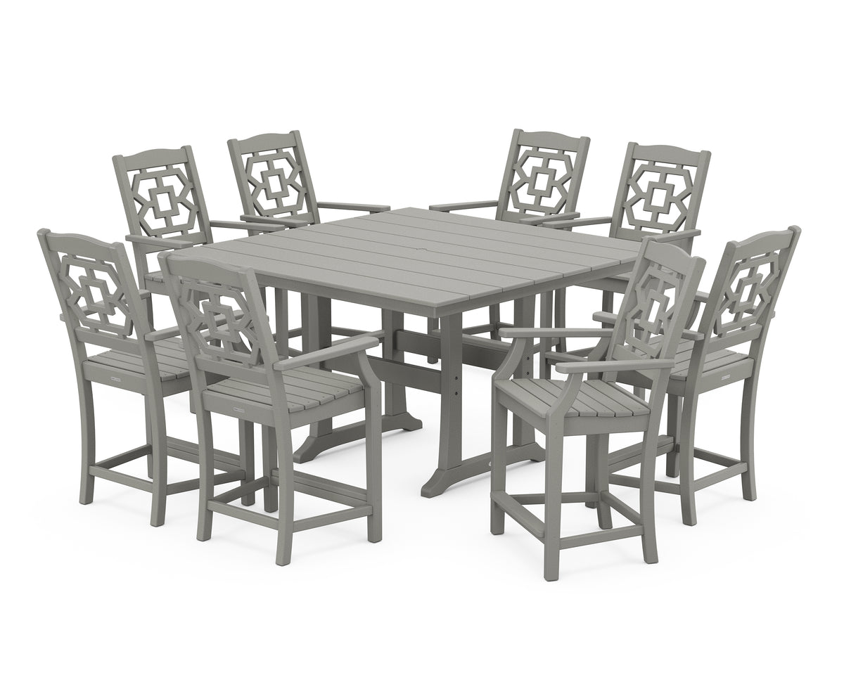 POLYWOOD Chinoiserie 9-Piece Square Farmhouse Counter Set with Trestle Legs in Slate Grey