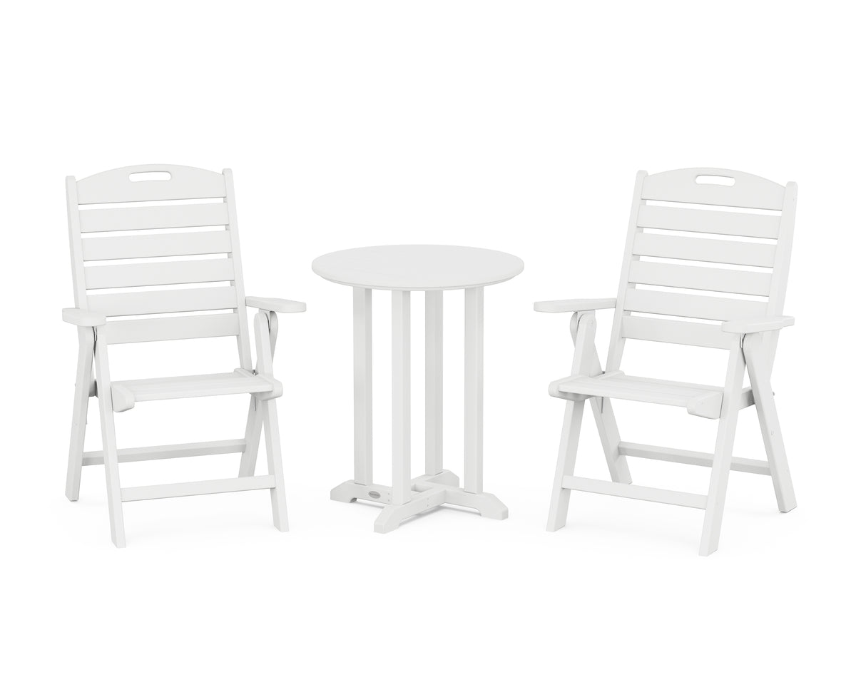 POLYWOOD Nautical Folding Highback Chair 3-Piece Round Bistro Dining Set in White
