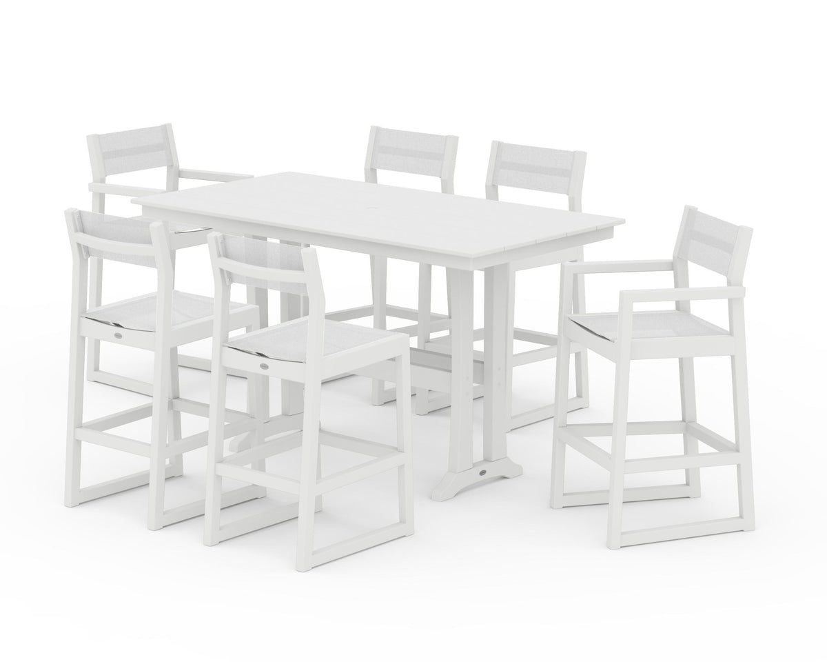 POLYWOOD EDGE Sling 7-Piece Farmhouse Bar Set with Trestle Legs in White / White
