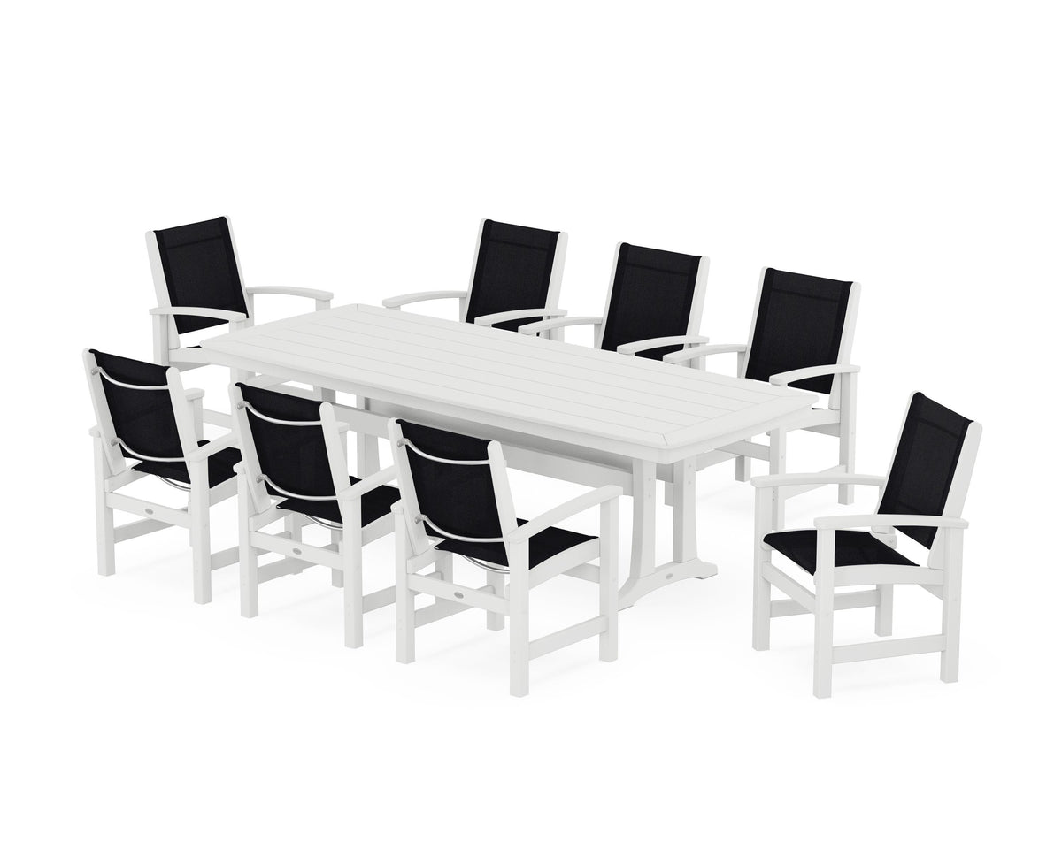 POLYWOOD Coastal 9-Piece Dining Set with Trestle Legs in White / Black