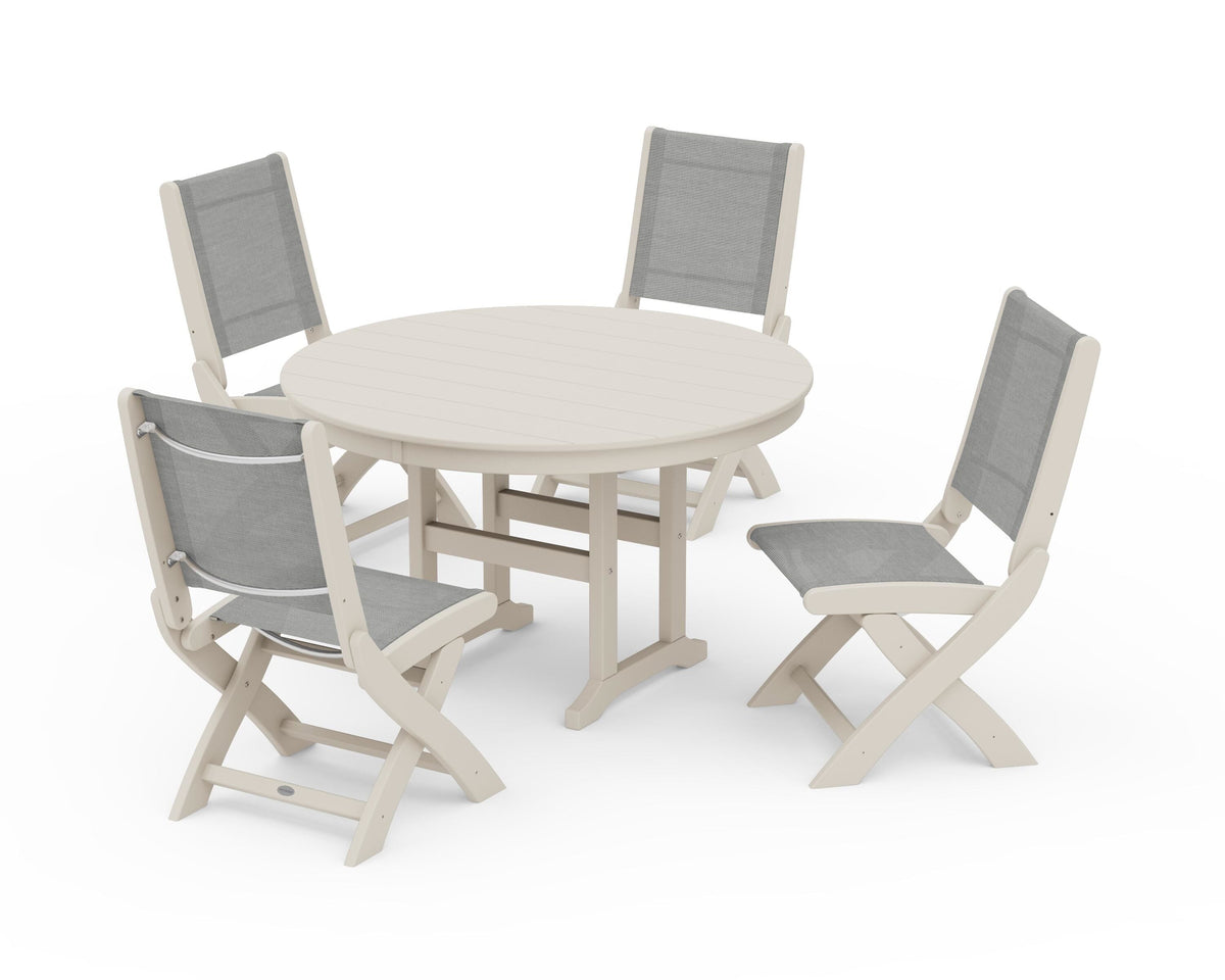 POLYWOOD Coastal Folding Side Chair 5-Piece Round Dining Set in Sand / Metallic