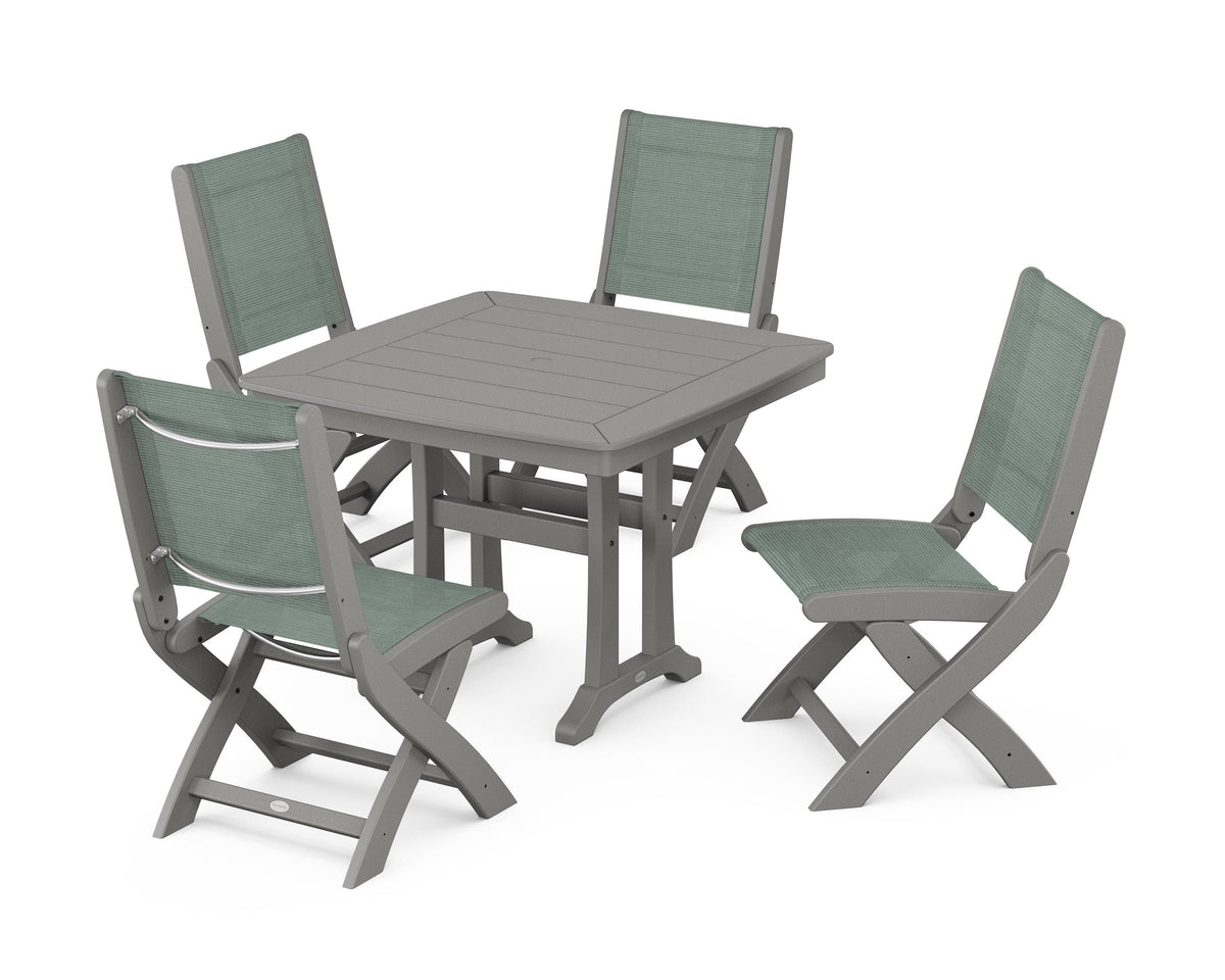 POLYWOOD Coastal Folding Side Chair 5-Piece Dining Set with Trestle Legs in Slate Grey / Dupioni Sea Mist