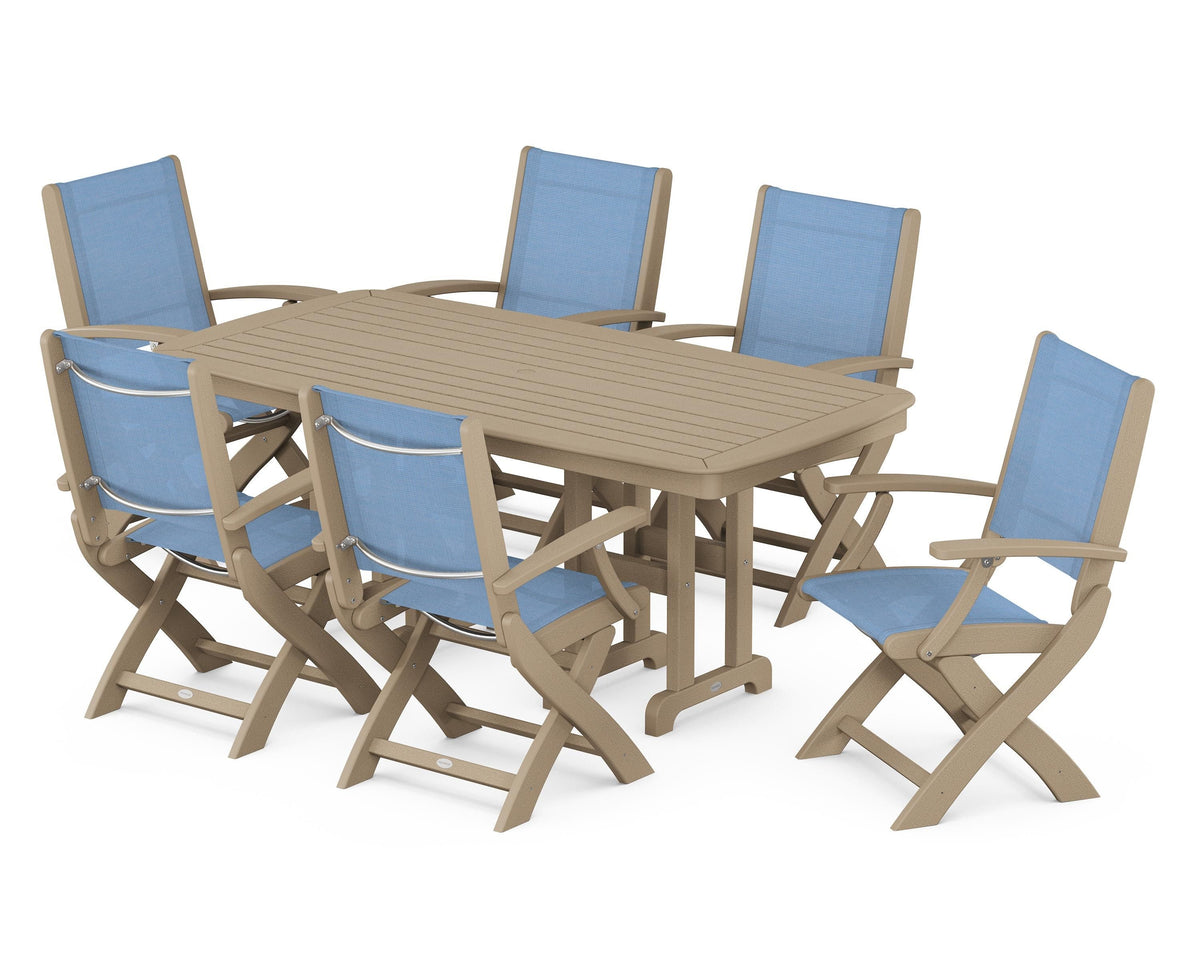 POLYWOOD Coastal Folding Arm Chair 7-Piece Dining Set in Vintage Sahara / Poolside