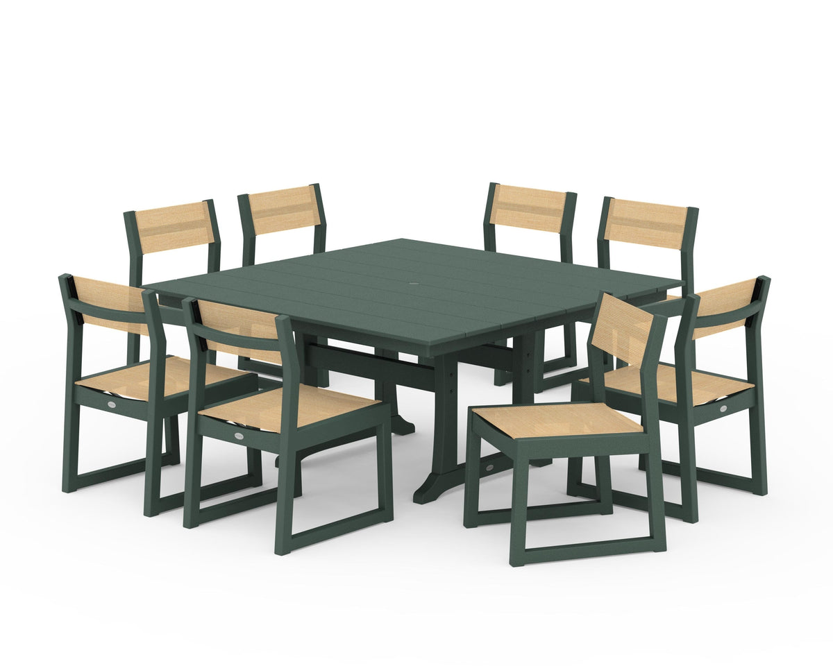 POLYWOOD EDGE Sling Side Chair 9-Piece Farmhouse Trestle Dining Set in Green / Dupioni Apricot