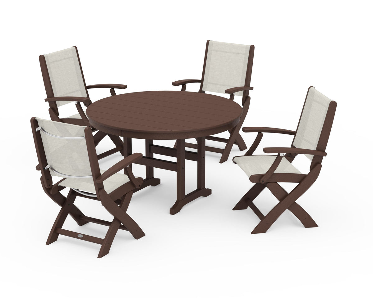 POLYWOOD Coastal Folding Chair 5-Piece Round Dining Set in Mahogany / Parchment