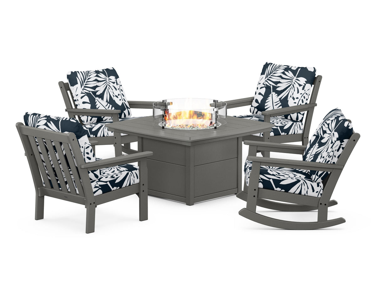 POLYWOOD Vineyard 5-Piece Deep Seating Rocking Chair Conversation Set with Fire Pit Table in Slate Grey / Leaf Marine Indigo