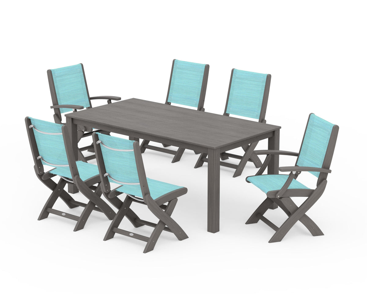 POLYWOOD Coastal Folding Chair 7-Piece Parsons Dining Set with Coastal Folding Side Chair in Driftwood / Dupioni Aquamarine