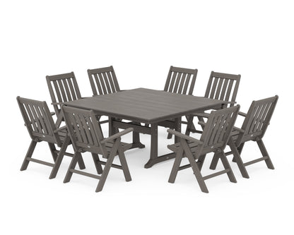 POLYWOOD Vineyard Folding Chair 9-Piece Square Farmhouse Dining Set with Trestle Legs in Driftwood