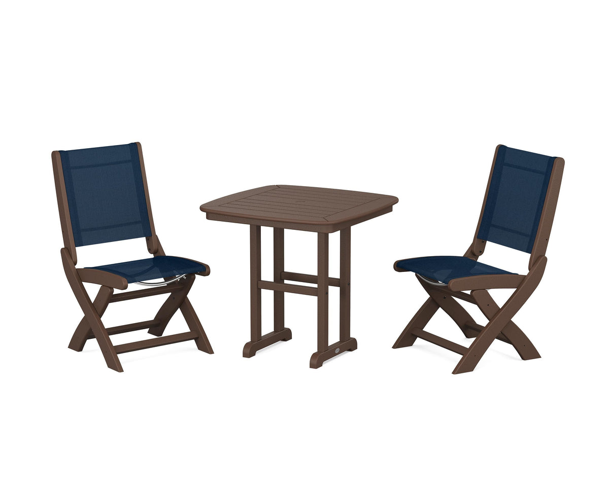 POLYWOOD Coastal Folding Side Chair 3-Piece Dining Set in Mahogany / Navy Blue