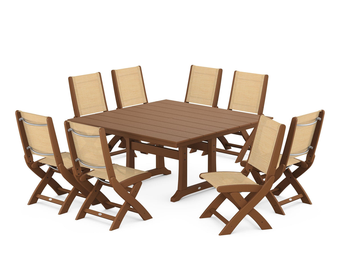 POLYWOOD Coastal Folding Side Chair 9-Piece Farmhouse Dining Set in Teak / Dupioni Apricot