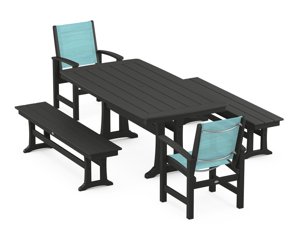 POLYWOOD Coastal 5-Piece Dining Set with Trestle Legs and Benches in Black / Dupioni Aquamarine