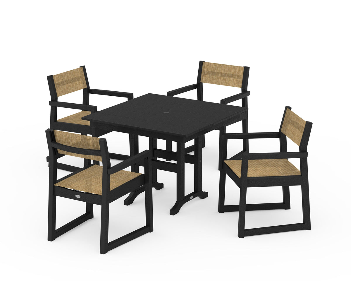 POLYWOOD EDGE Sling Arm Chair 5-Piece Farmhouse Dining Set in Black / Burlap