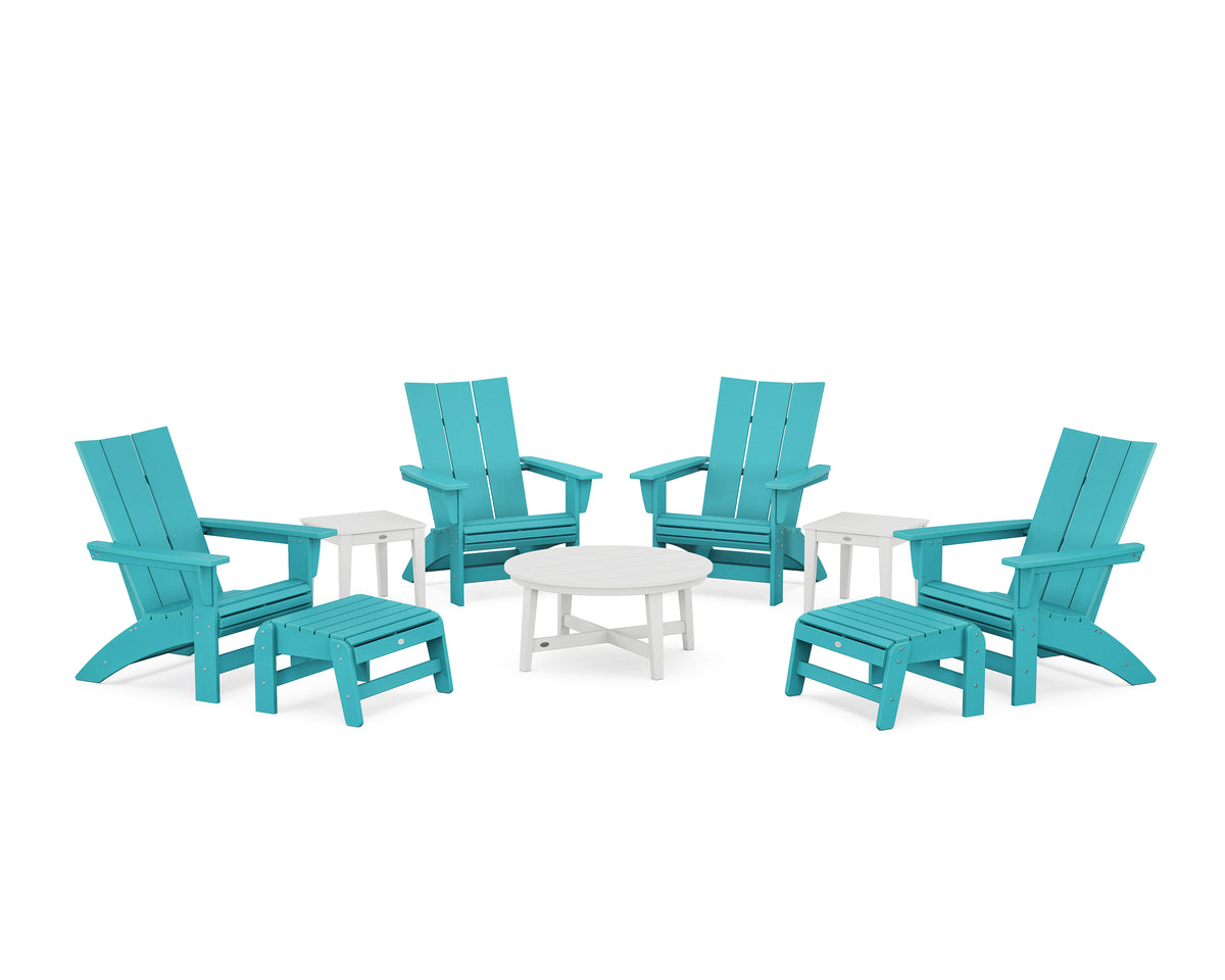 POLYWOOD Modern Grand Adirondack 9-Piece Conversation Set in Aruba / White