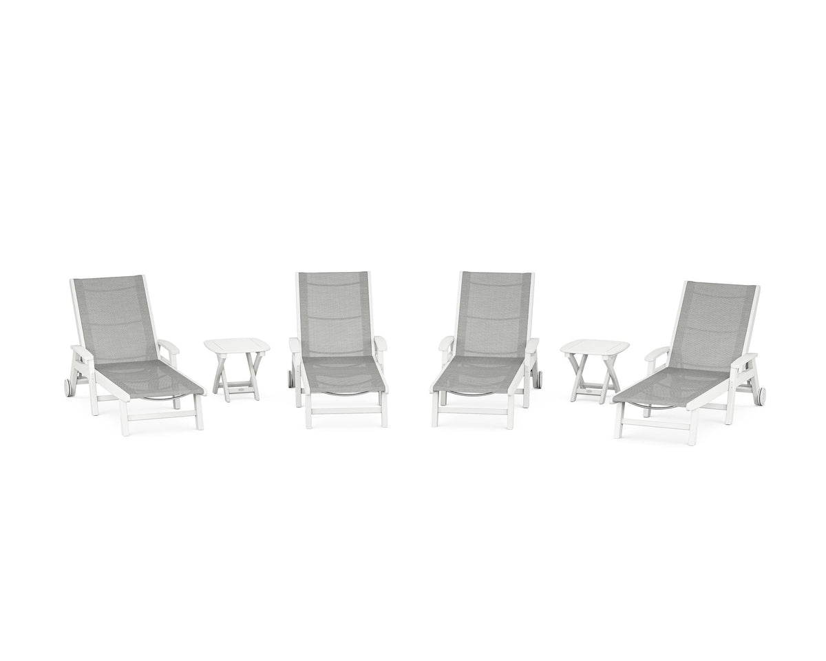 POLYWOOD Coastal Chaise 6-Piece Set with Wheels in White / Metallic