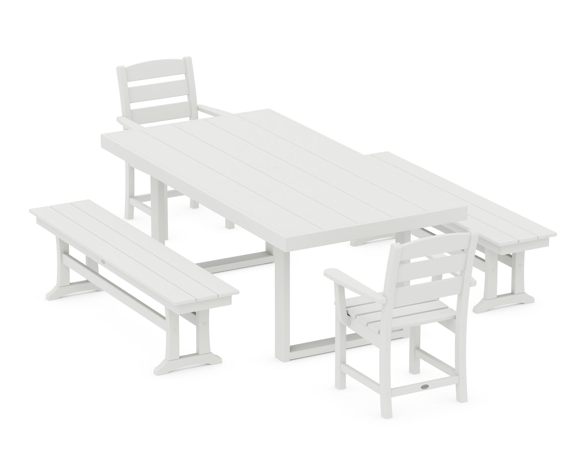 POLYWOOD Lakeside 5-Piece Dining Set with Benches in Vintage White