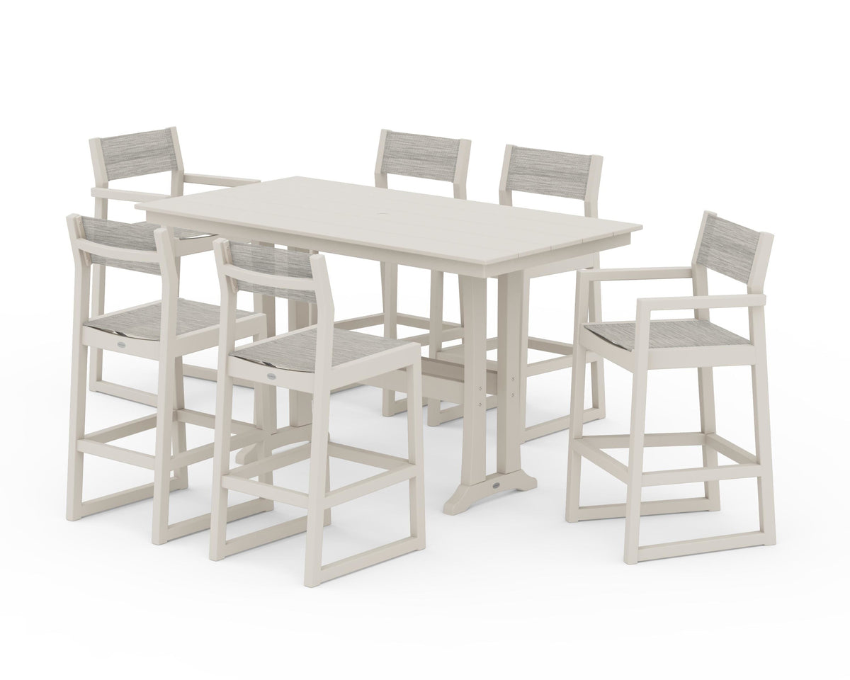 POLYWOOD EDGE Sling 7-Piece Farmhouse Bar Set with Trestle Legs in Sand / Birch