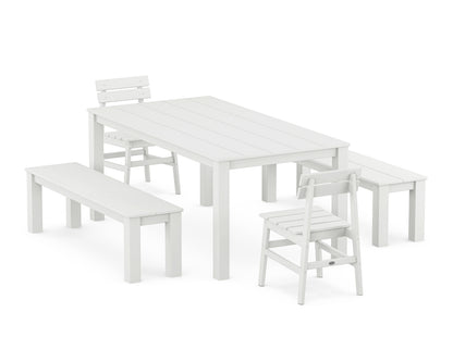 POLYWOOD Modern Studio Plaza Chair 5-Piece Parsons Dining Set with Benches - 38" x 72" Table in White