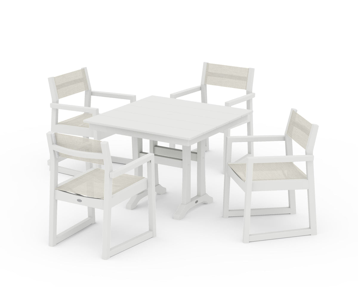POLYWOOD EDGE Sling 5-Piece Farmhouse Dining Set with Trestle Legs in Vintage White / Parchment