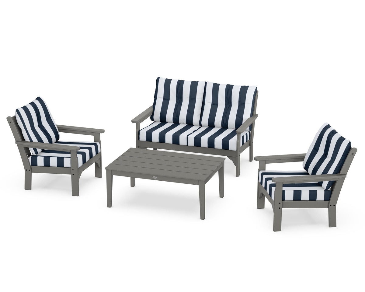 POLYWOOD Vineyard 4-Piece Deep Seating Set with Two Chairs and Loveseat in Slate Grey / Cabana Stripe Marine Indigo