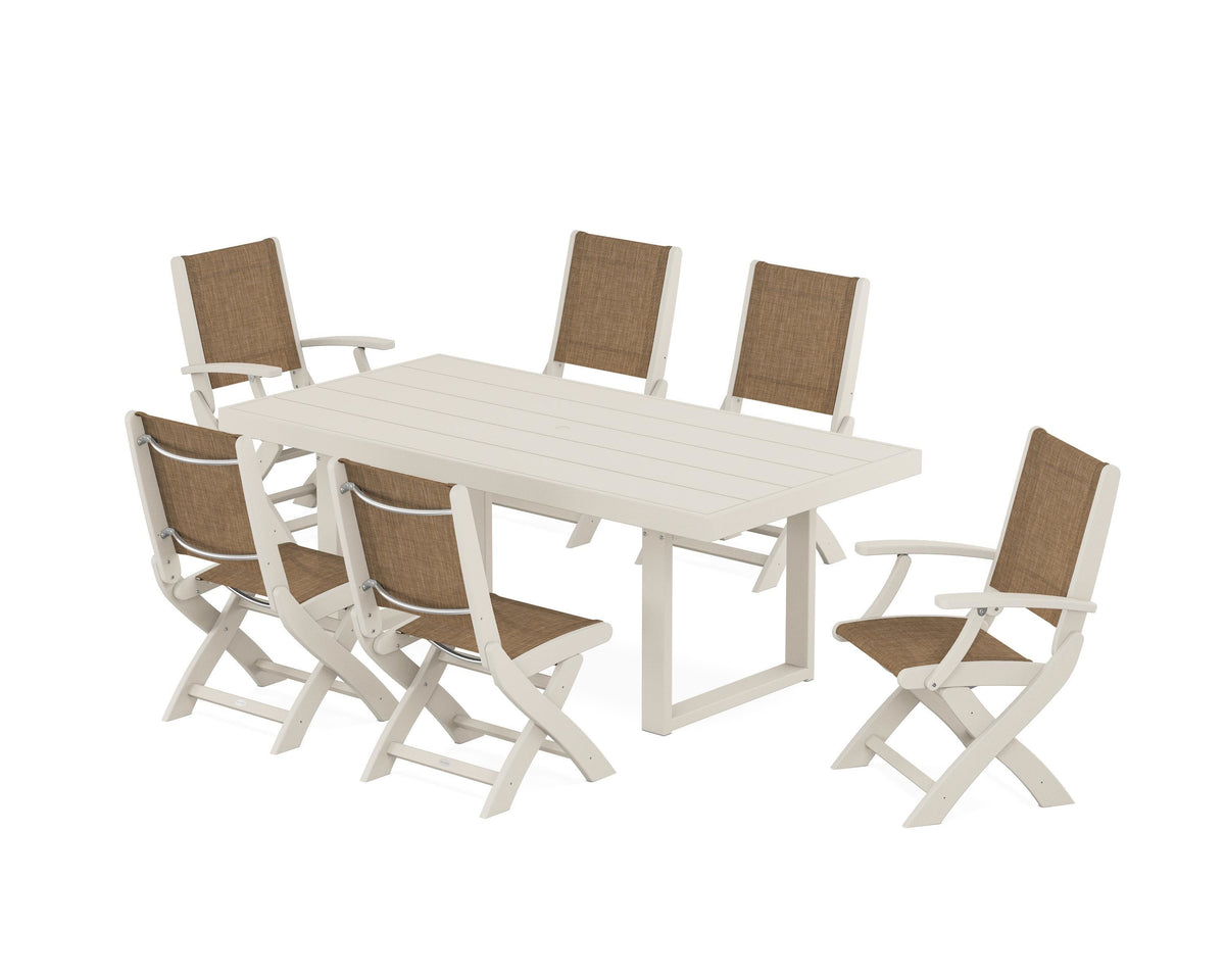 POLYWOOD Coastal Folding Chair 7-Piece Dining Set with Trestle Legs with EDGE 40" x 78" Dining Table in Sand / Burlap