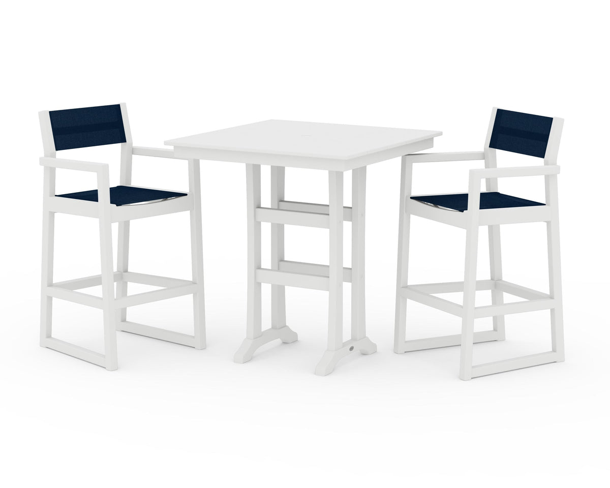 POLYWOOD EDGE Sling Arm Chair 3-Piece Farmhouse Bar Set with Trestle Legs in White / Navy Blue