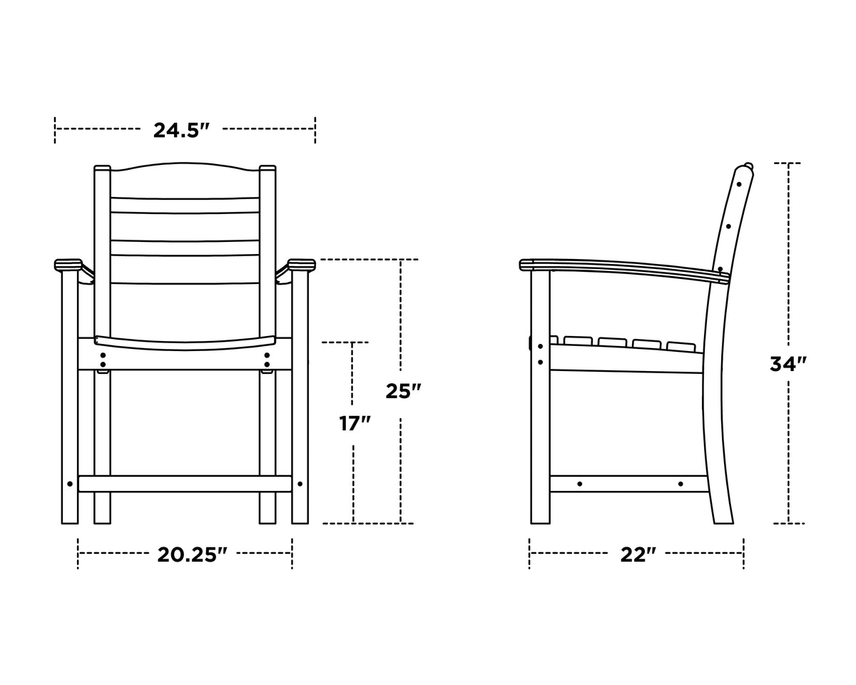 POLYWOOD La Casa Café Dining Arm Chair dimension drawing with width, depth and height measurements