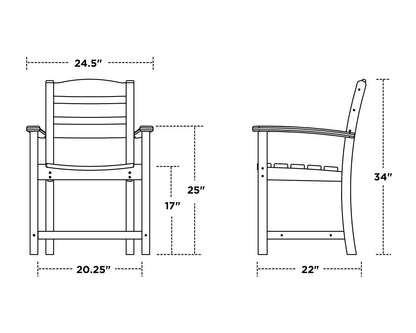 POLYWOOD La Casa Café Dining Arm Chair dimension drawing with width, depth and height measurements