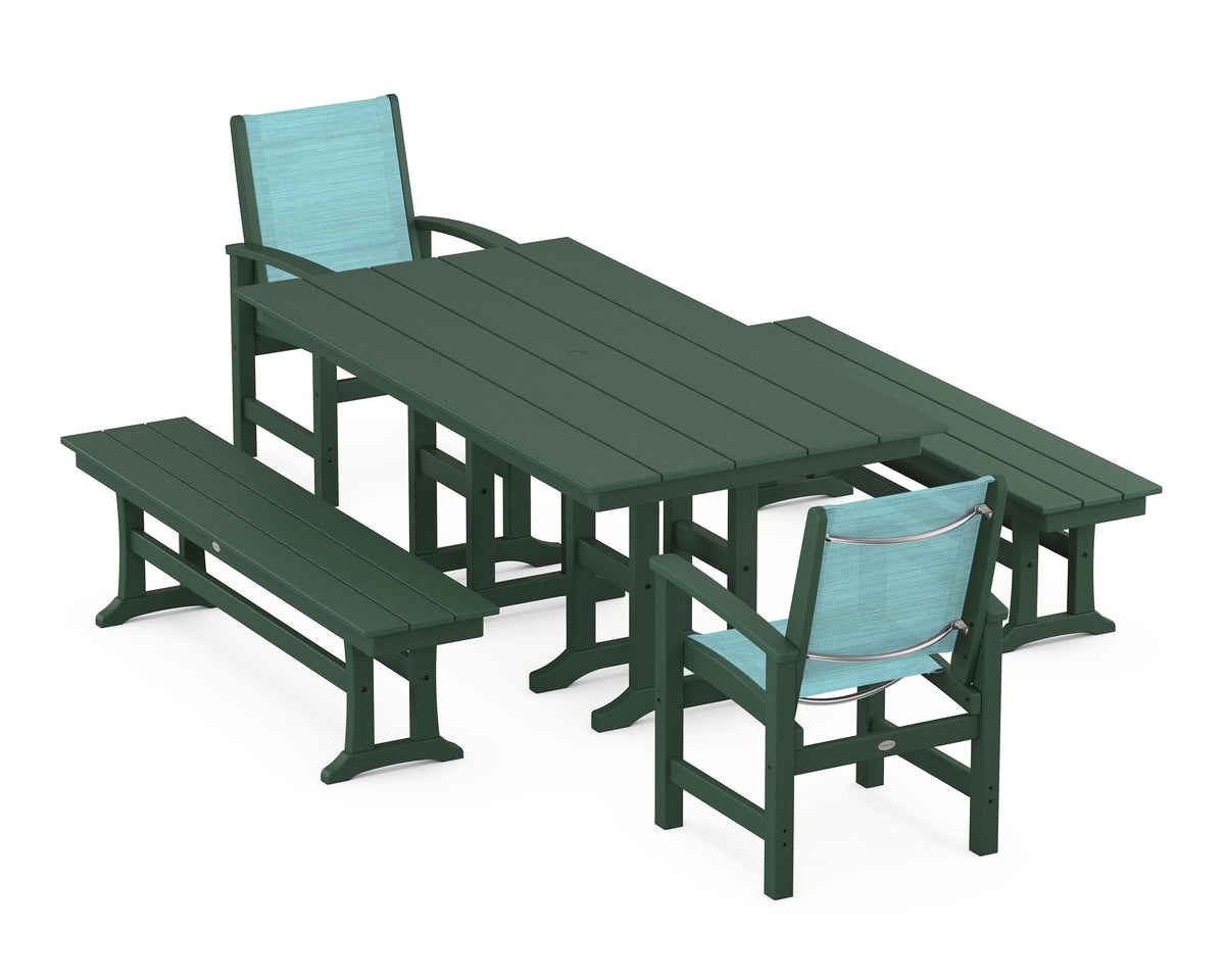 POLYWOOD Coastal 5-Piece Farmhouse Dining Set with Farmhouse 37" x 72" Dining Table in Green / Dupioni Aquamarine