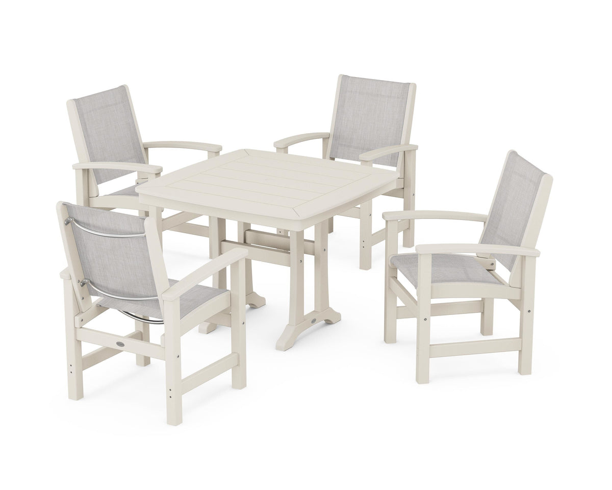 POLYWOOD Coastal 5-Piece Dining Set with Trestle Legs with Nautical Trestle 37" Dining Table in Sand / Parchment