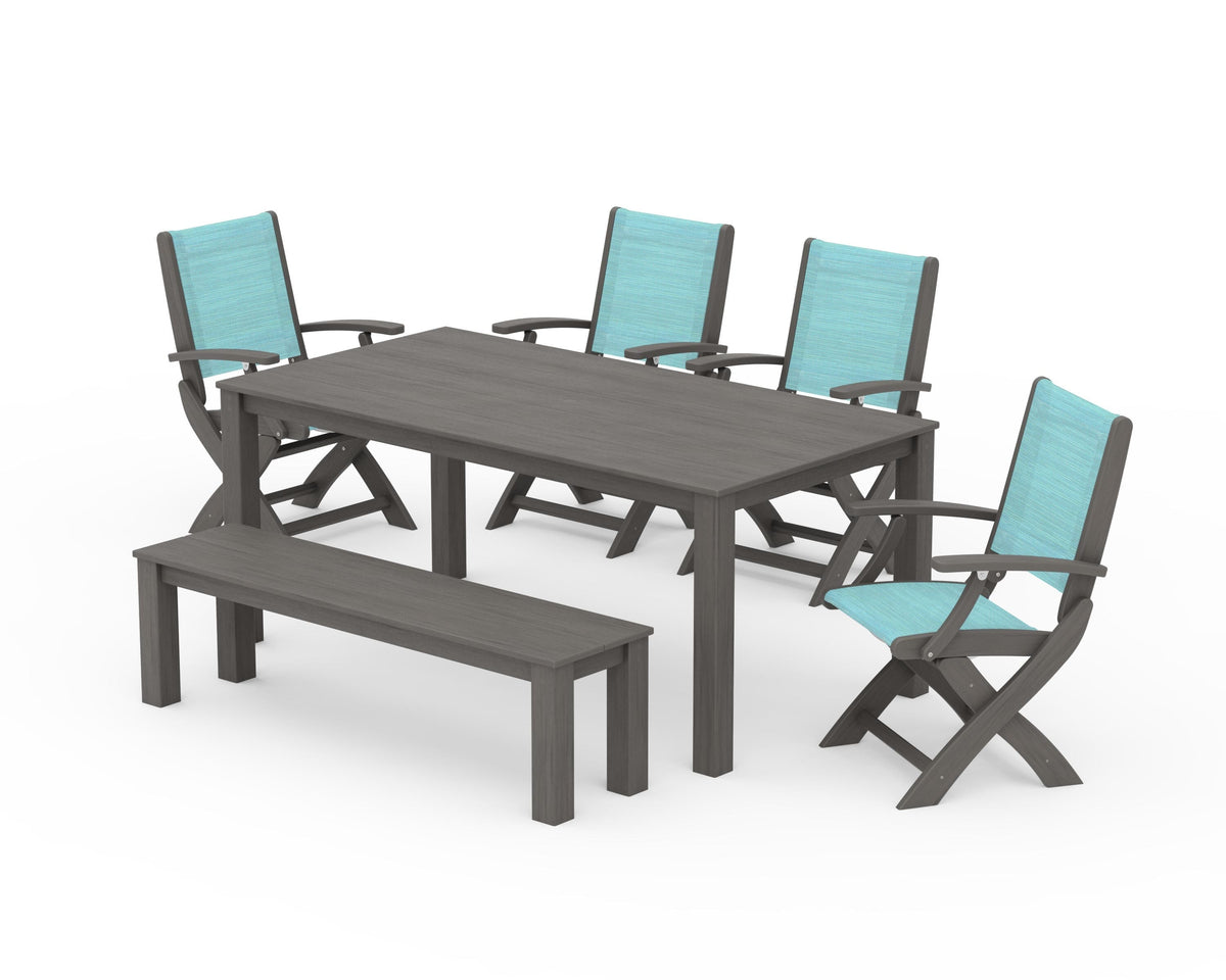 POLYWOOD Coastal Folding Chair 6-Piece Parsons Dining Set with Bench in Driftwood / Dupioni Aquamarine