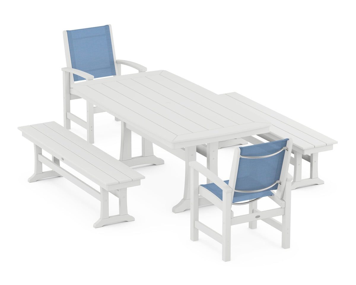 POLYWOOD Coastal 5-Piece Dining Set with Trestle Legs and Benches in White / Poolside