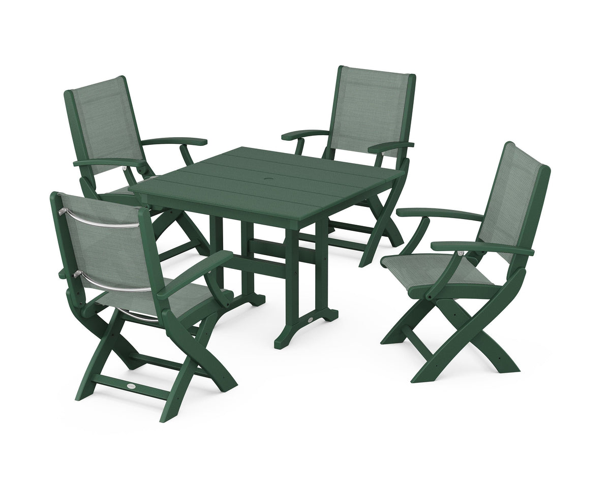 POLYWOOD Coastal Folding Chair 5-Piece Farmhouse Dining Set in Green / Dupioni Sea Mist