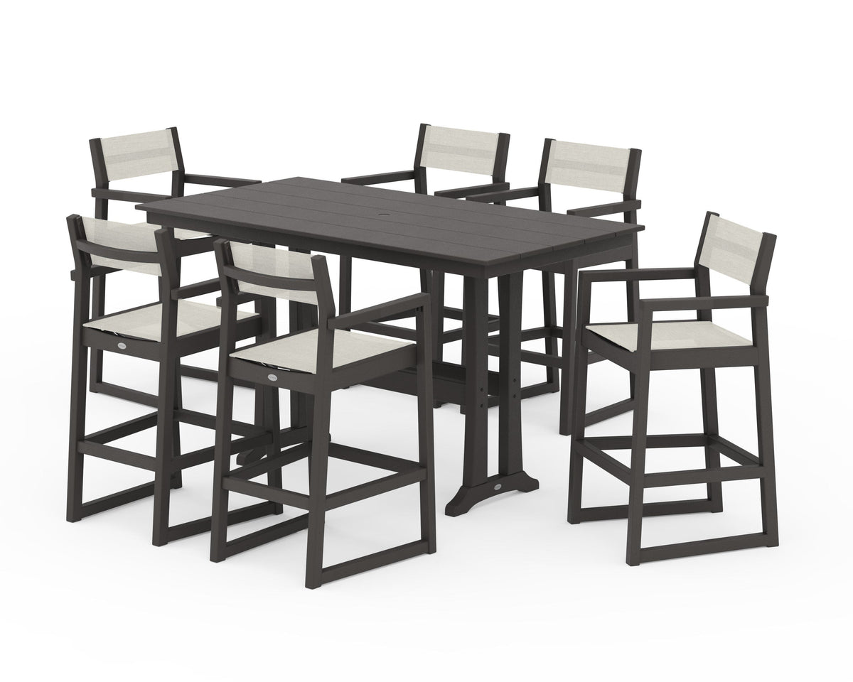 POLYWOOD EDGE Sling Arm Chair 7-Piece Farmhouse Bar Set with Trestle Legs in Vintage Coffee / Parchment