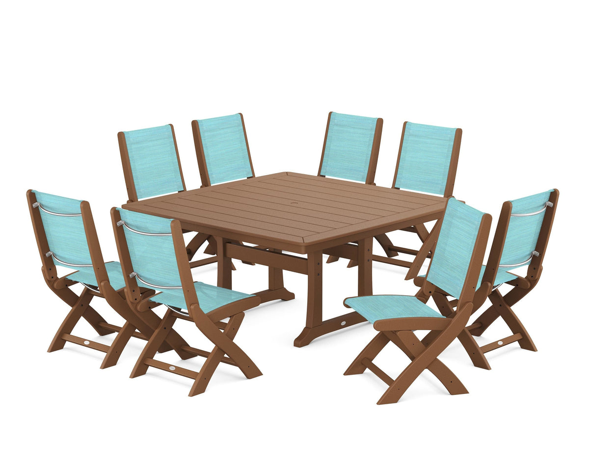POLYWOOD Coastal Folding Side Chair 9-Piece Dining Set with Trestle Legs in Teak / Dupioni Aquamarine