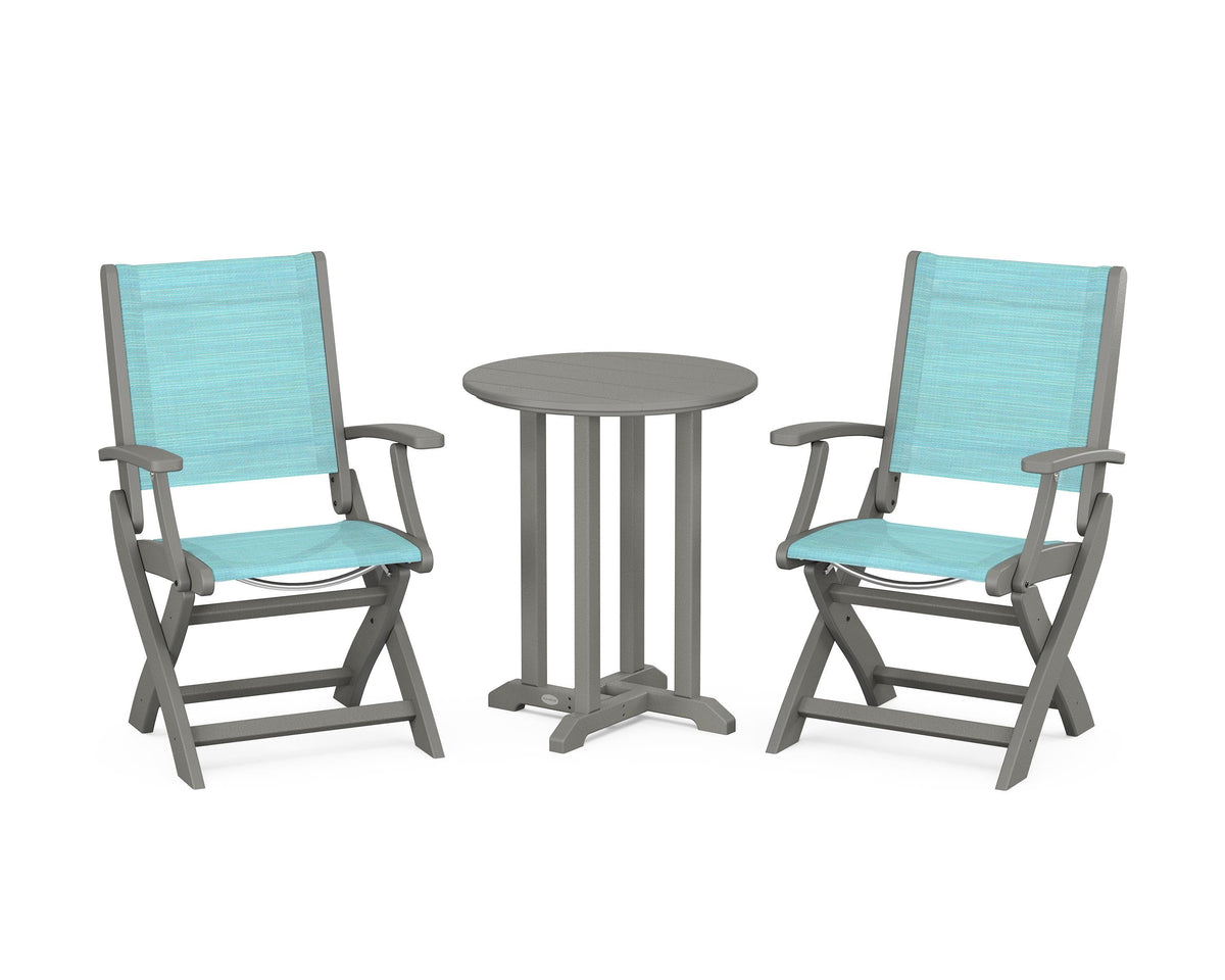 POLYWOOD Coastal Folding 3-Piece Round Bistro Dining Set in Slate Grey / Dupioni Aquamarine