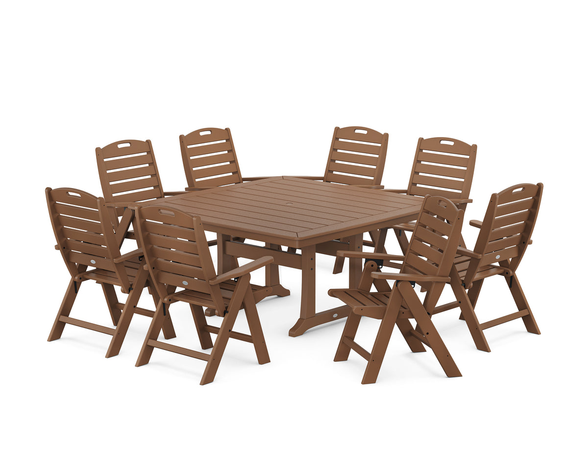 POLYWOOD Nautical Highback 9-Piece Square Dining Set with Trestle Legs in Teak