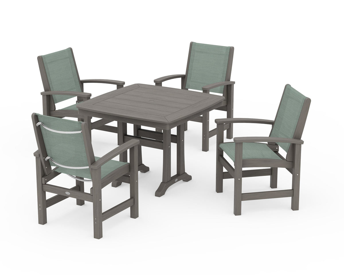 POLYWOOD Coastal 5-Piece Dining Set with Trestle Legs with Nautical Trestle 37" Dining Table in Driftwood / Dupioni Sea Mist