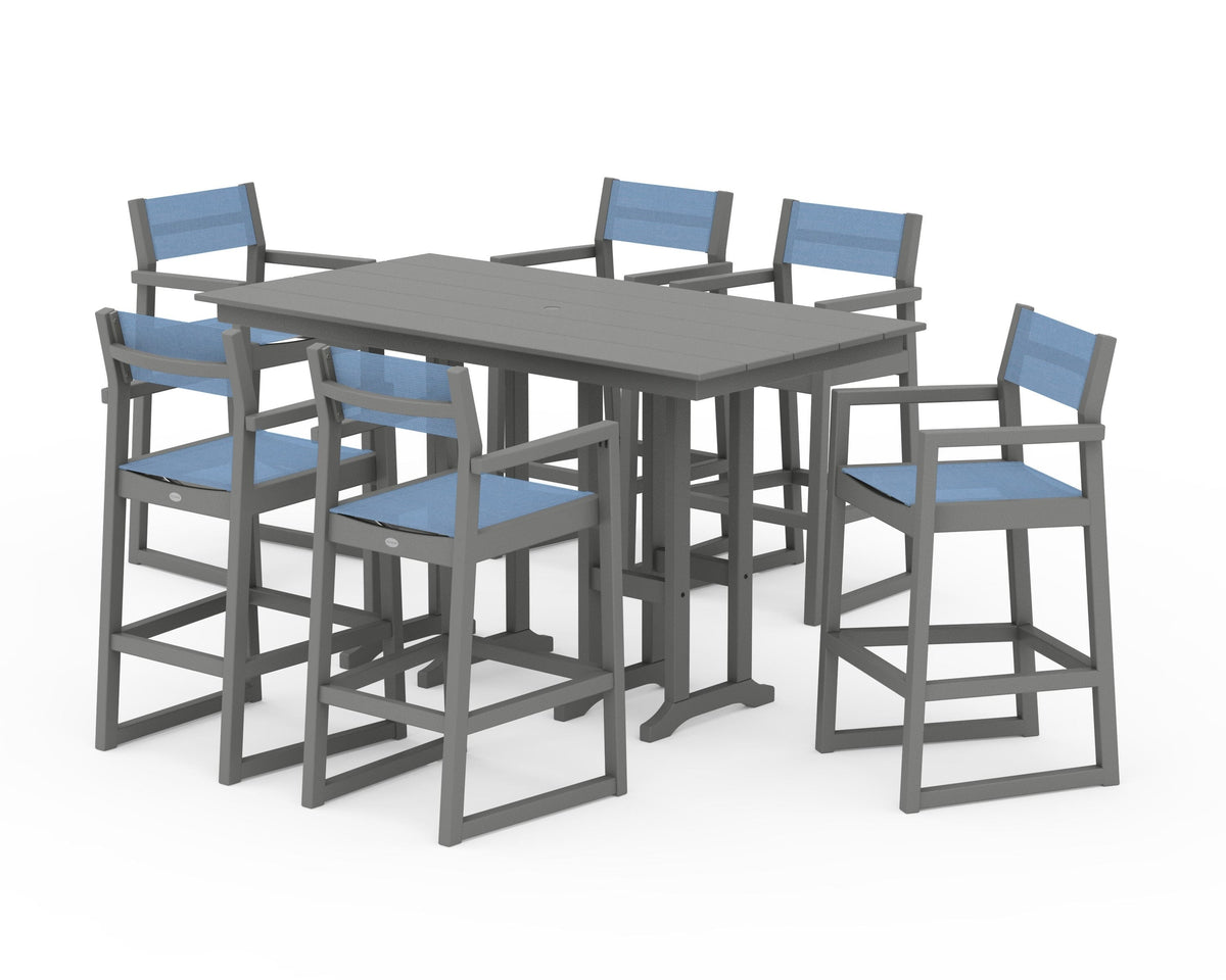 POLYWOOD EDGE Sling Arm Chair 7-Piece Farmhouse Bar Set in Slate Grey / Poolside