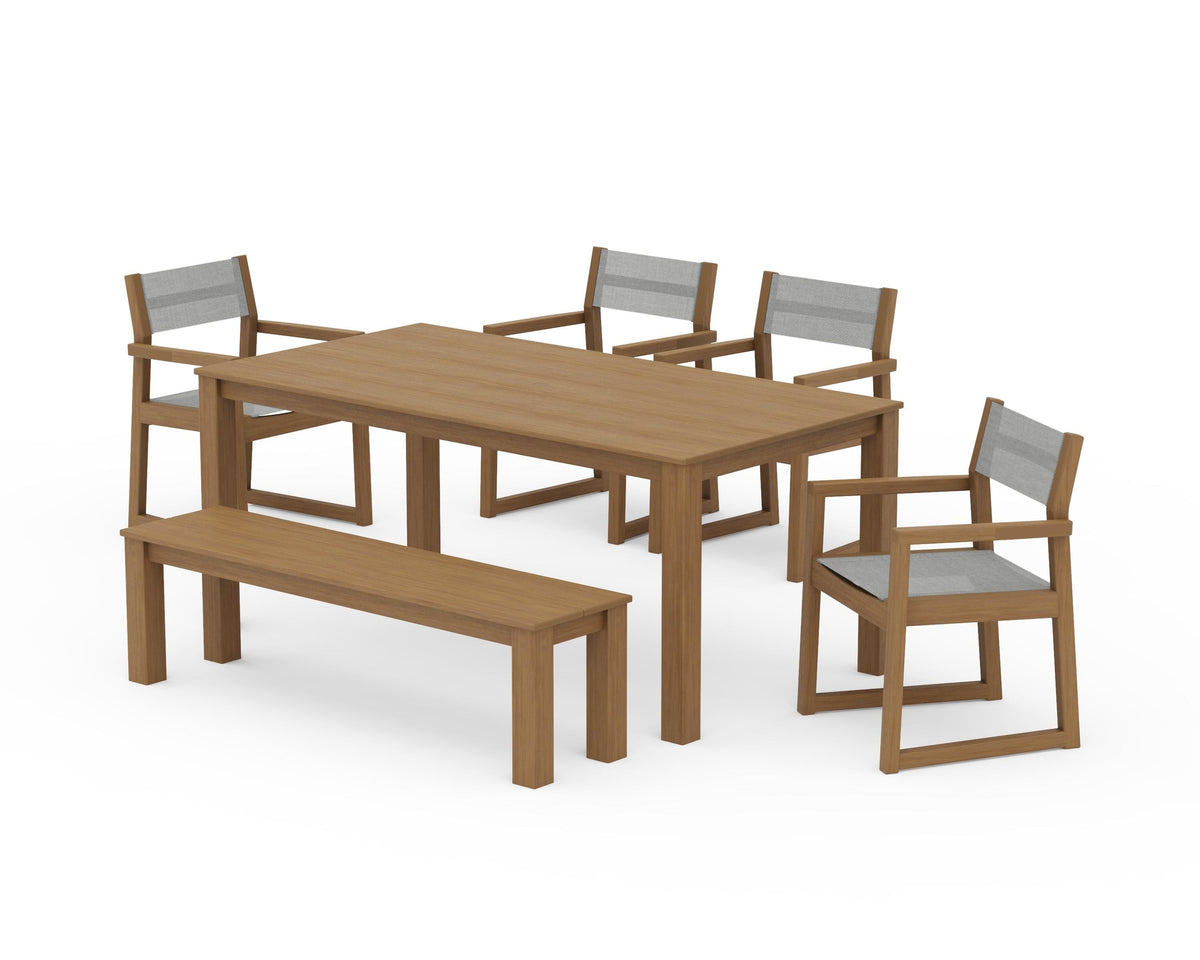 POLYWOOD EDGE Sling Arm Chair 6-Piece Parsons Dining Set with Bench in Natural / Metallic