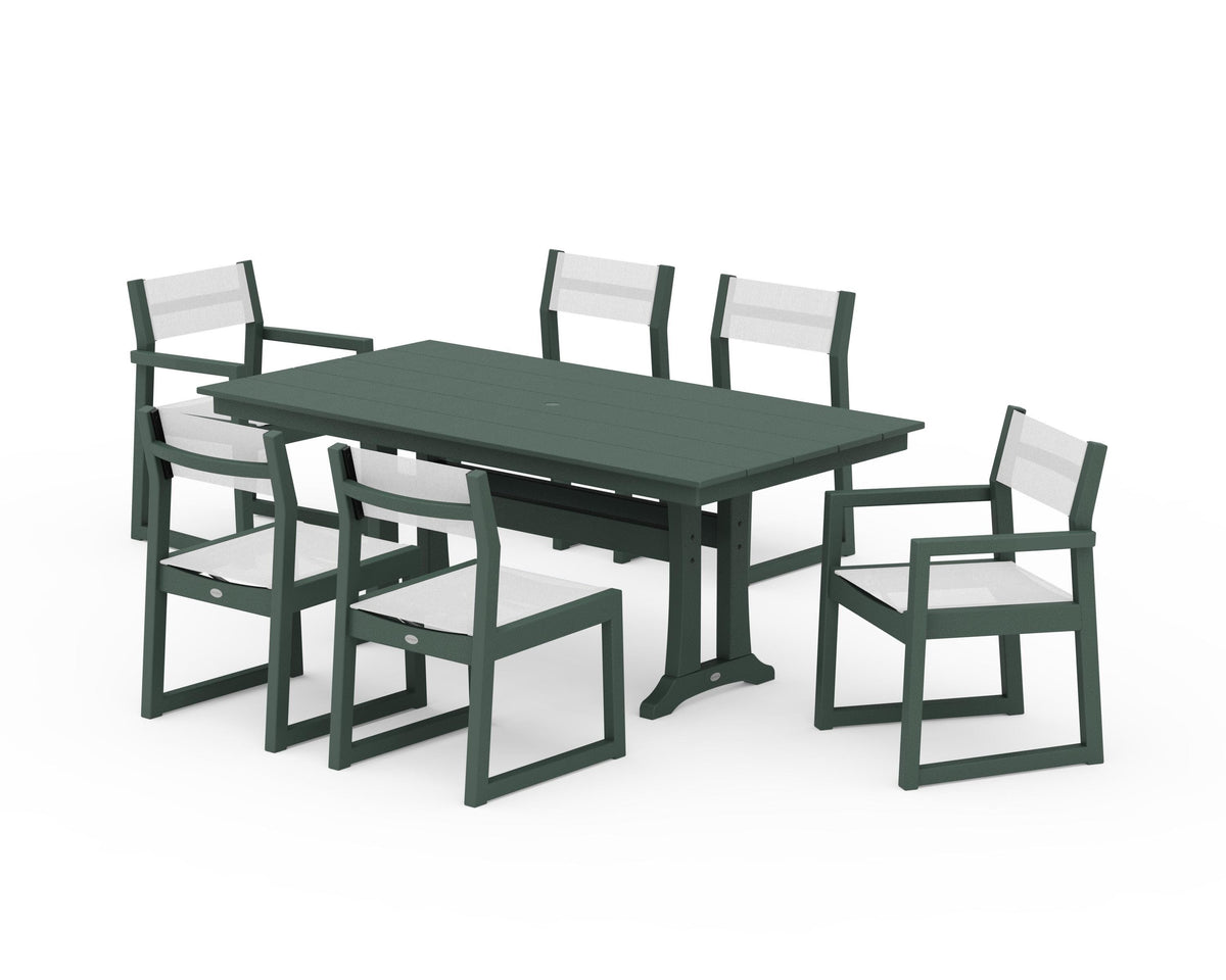 POLYWOOD EDGE Sling 7-Piece Farmhouse Trestle Dining Set in Green / White