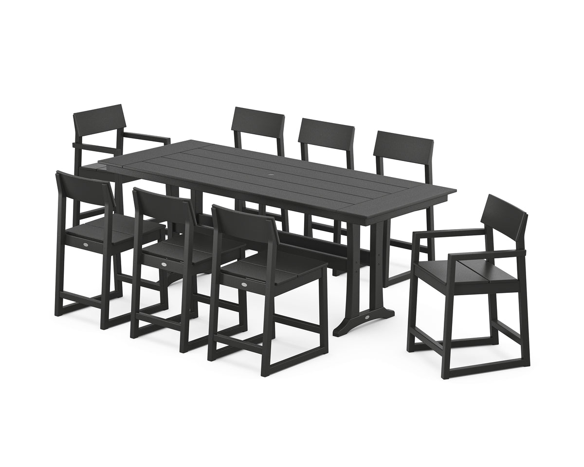 POLYWOOD EDGE 9-Piece Farmhouse Counter Set with Trestle Legs in Black