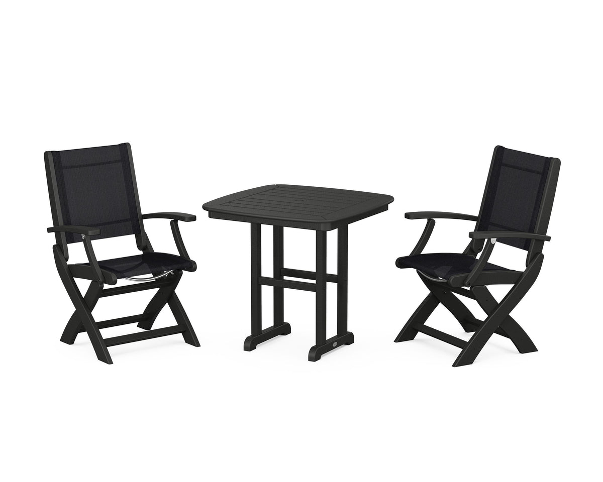 POLYWOOD Coastal Folding Chair 3-Piece Dining Set in Black / Black