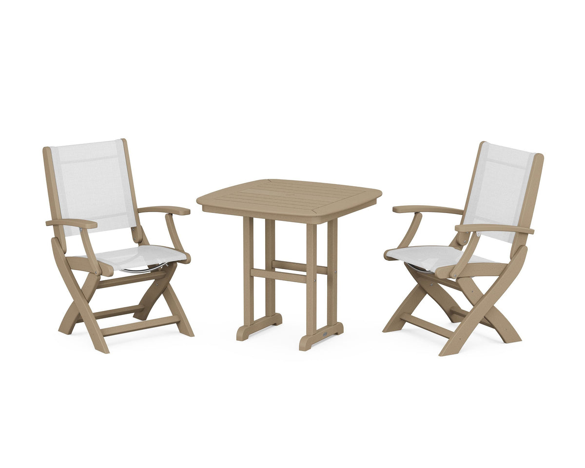POLYWOOD Coastal Folding Chair 3-Piece Dining Set in Vintage Sahara / White