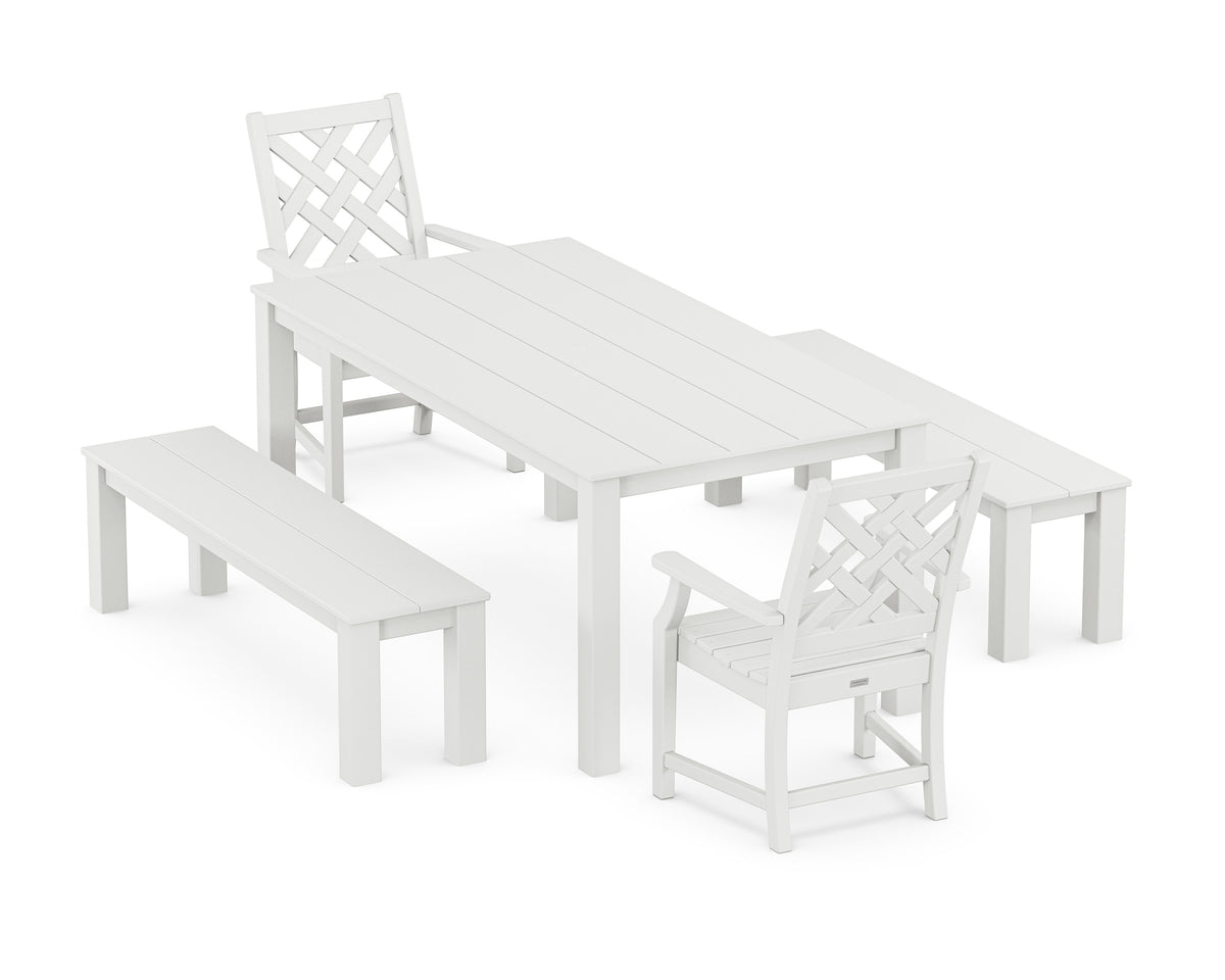 POLYWOOD Wovendale 5-Piece Parsons Dining Set with Benches in White