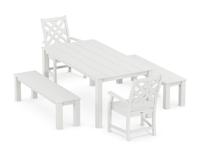 POLYWOOD Wovendale 5-Piece Parsons Dining Set with Benches in White