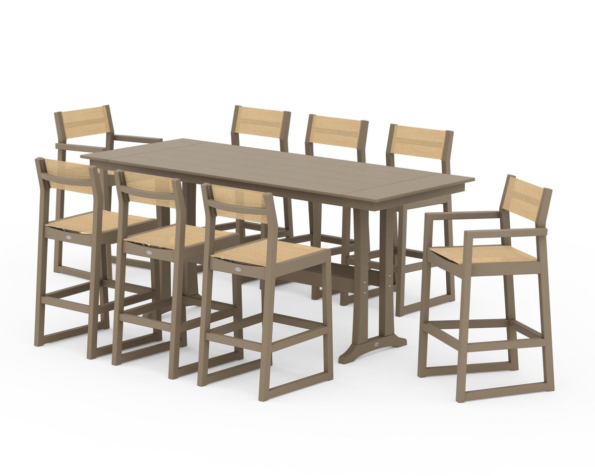 POLYWOOD EDGE Sling 9-Piece Farmhouse Bar Set with Trestle Legs in Vintage Sahara / Dupioni Apricot