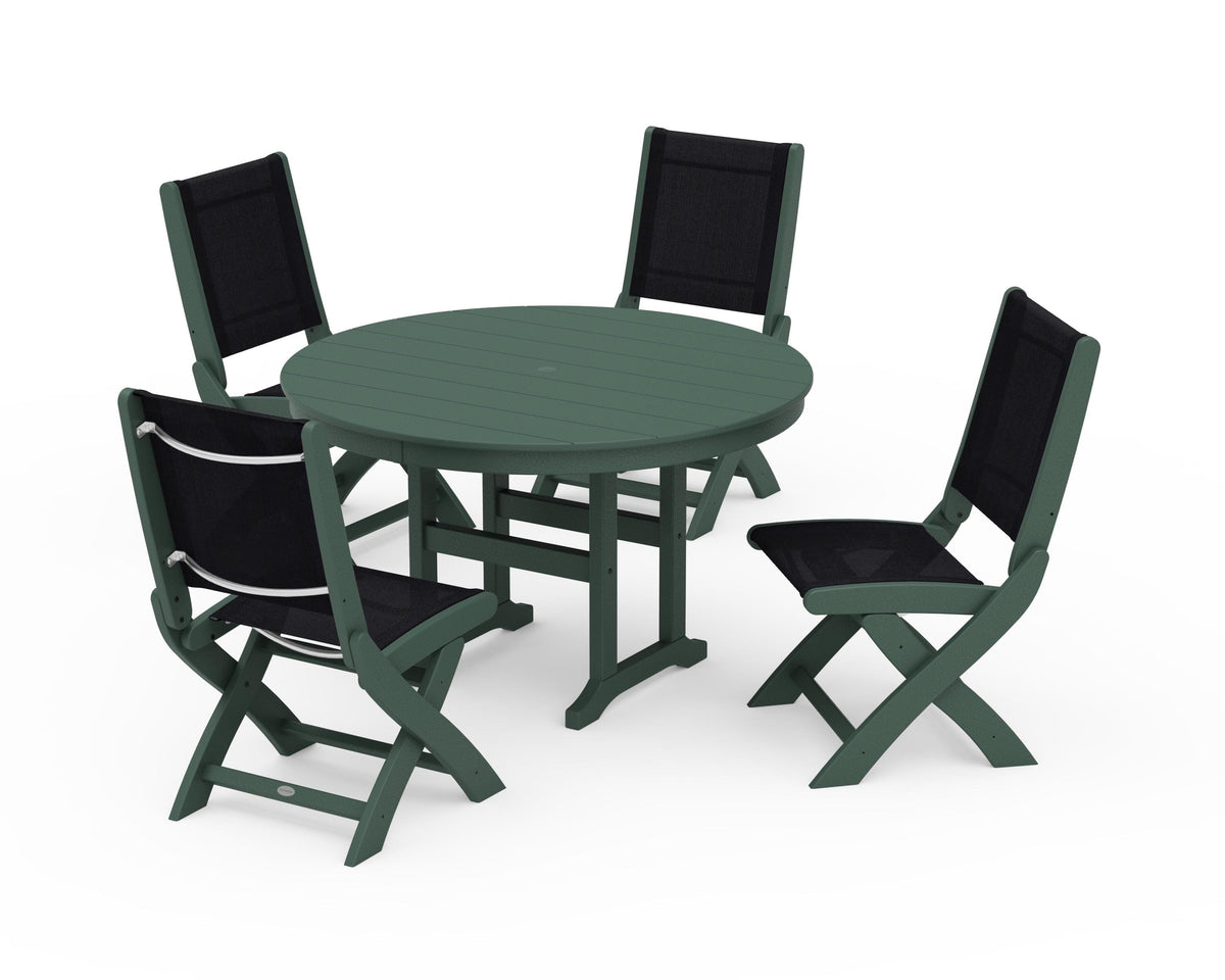 POLYWOOD Coastal Folding Side Chair 5-Piece Round Dining Set in Green / Black