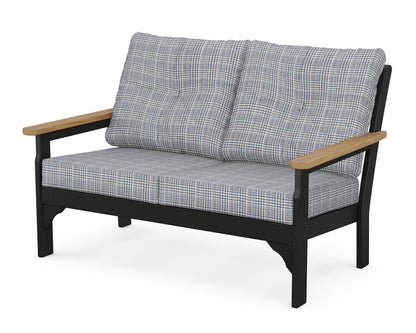 POLYWOOD Vineyard Deep Seating Loveseat in Black / Natural / Houndstooth Sky Blue